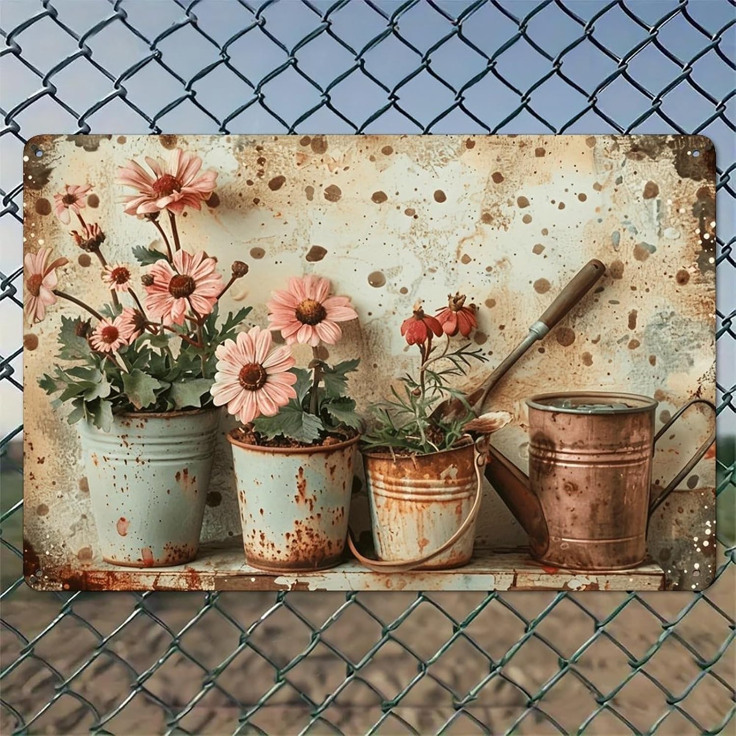 Watering Can - Rostige Eimer mit rosa Blumen und